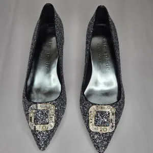NWT Kate Spade Women's Buckle Up Glitter Flats Black Silver