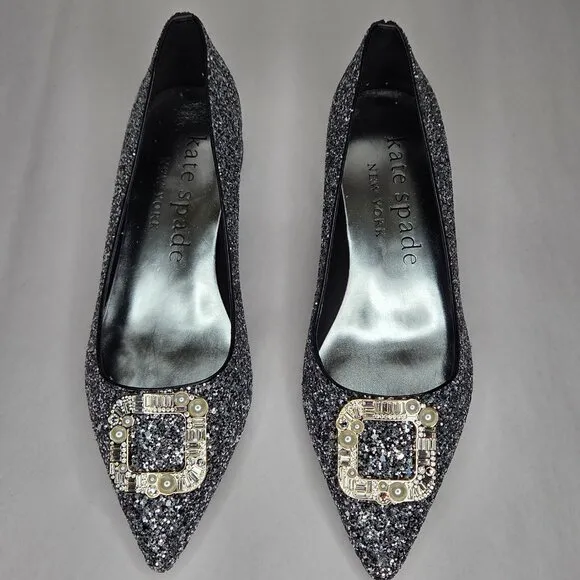 NWT Kate Spade Women's Buckle Up Glitter Flats Black Silver