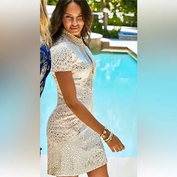 NWT Lilly Pulitzer Adrena Stretch Shift Dress Gold Metallic Lagoon