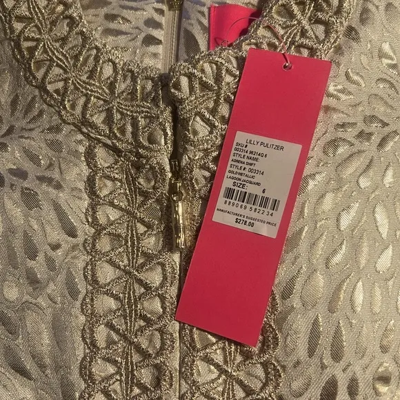 NWT Lilly Pulitzer Adrena Stretch Shift Dress Gold Metallic Lagoon