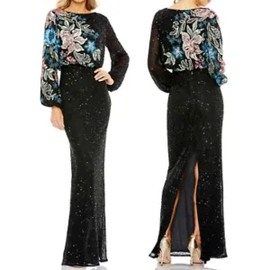 NWT Mac Duggal Black Embellished Floral High Neck Gown SZ 12