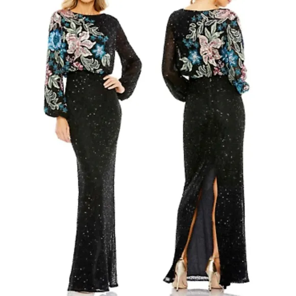 NWT Mac Duggal Black Embellished Floral High Neck Gown SZ 12