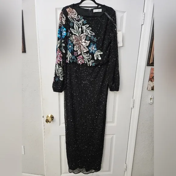 NWT Mac Duggal Black Embellished Floral High Neck Gown SZ 12