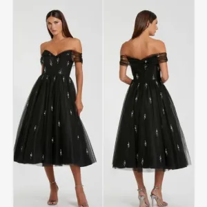 NWT  Mac Duggal Black Off The Shoulder Embellished Tulle Cocktail Dress SZ 4