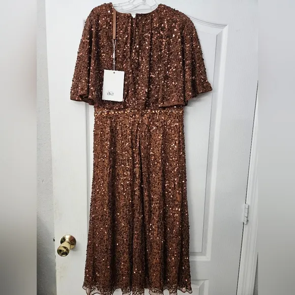 NWT Mac Duggal Copper Brown Embellished Cape High Neck Midi Dress sz 10