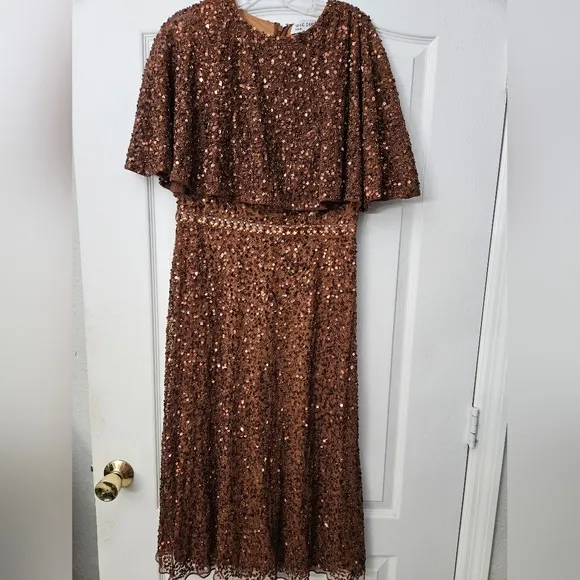 NWT Mac Duggal Copper Brown Embellished Cape High Neck Midi Dress sz 10