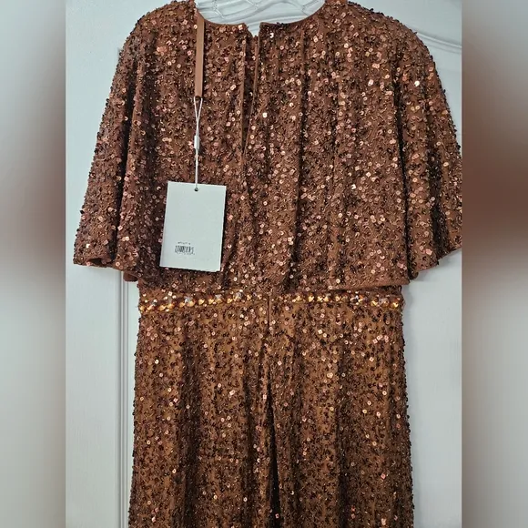 NWT Mac Duggal Copper Brown Embellished Cape High Neck Midi Dress sz 10