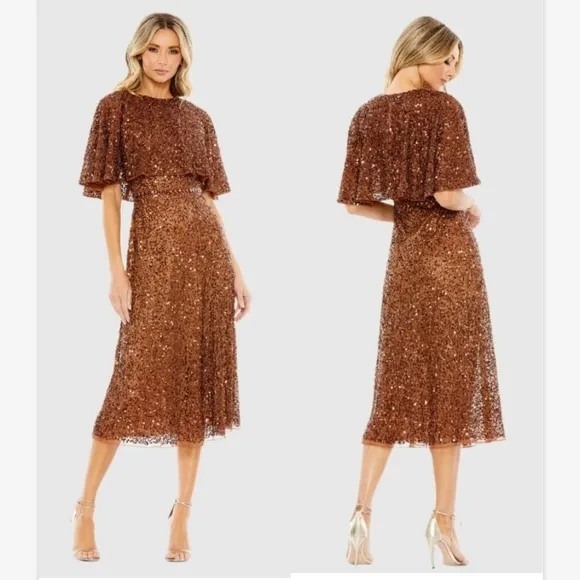 NWT Mac Duggal Copper Brown Embellished Cape High Neck Midi Dress sz 10