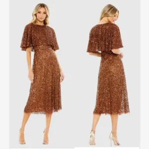 NWT Mac Duggal Copper Brown Embellished Cape High Neck Midi Dress sz 10