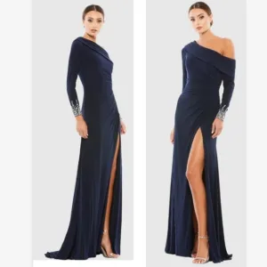 NWT Mac Duggal Navy Beaded Cuff Drop Shoulder Faux Wrap Gown SZ 14 1223Q