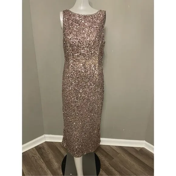 NWT MAC DUGGAL SLEEVELESS SEQUINED MIDI SHEATH DRESS $398