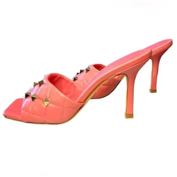 NWT Marc Fisher Pink Square Toe Quilted Kitten Heel Mules Gold Studded Feminine