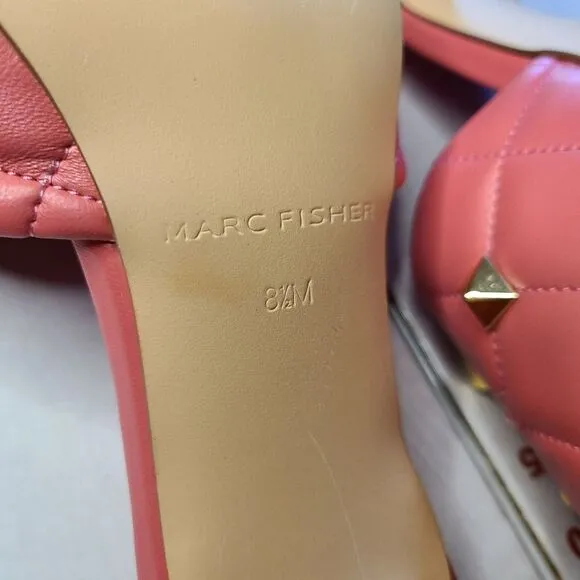 NWT Marc Fisher Pink Square Toe Quilted Kitten Heel Mules Gold Studded Feminine