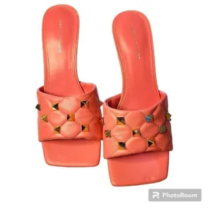 NWT Marc Fisher Pink Square Toe Quilted Kitten Heel Mules Gold Studded Feminine