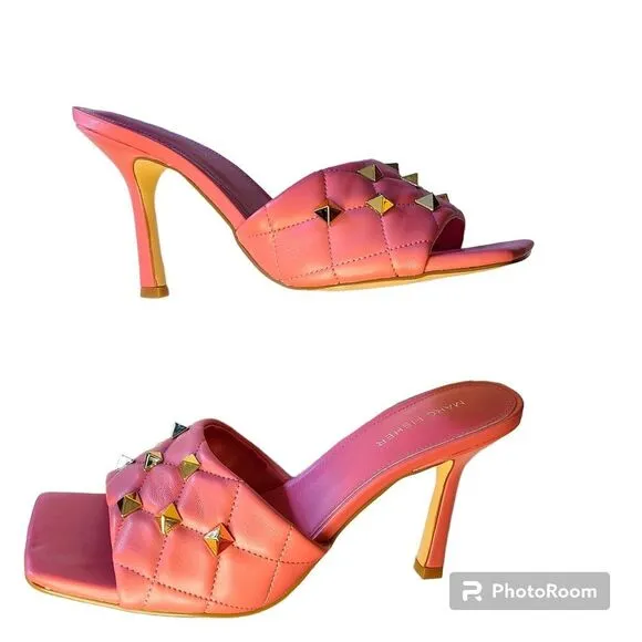 NWT Marc Fisher Pink Square Toe Quilted Kitten Heel Mules Gold Studded Feminine