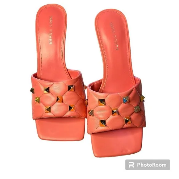 NWT Marc Fisher Pink Square Toe Quilted Kitten Heel Mules Gold Studded Feminine