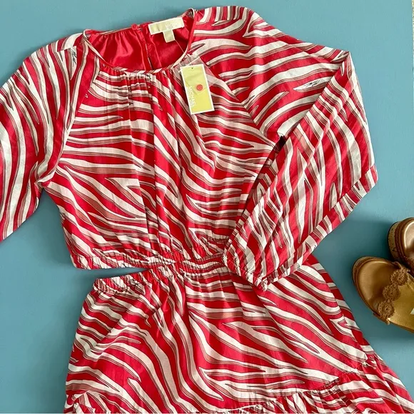 NWT Michael Kors Zebra Print Cotton Lawn Cutout Pink Long Sleeve Mini Dress
