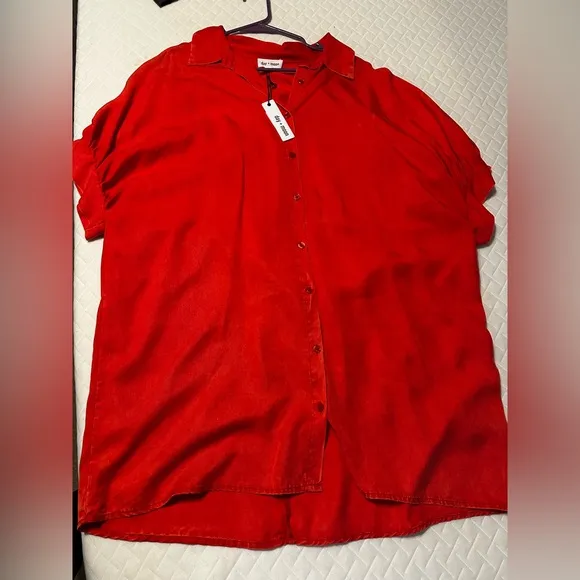 NWT Oversized Button Down Tencel Shirt Dress-Red - Medium