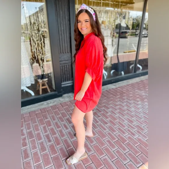 NWT Oversized Button Down Tencel Shirt Dress-Red - Medium