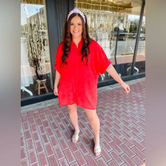 NWT Oversized Button Down Tencel Shirt Dress-Red - Medium