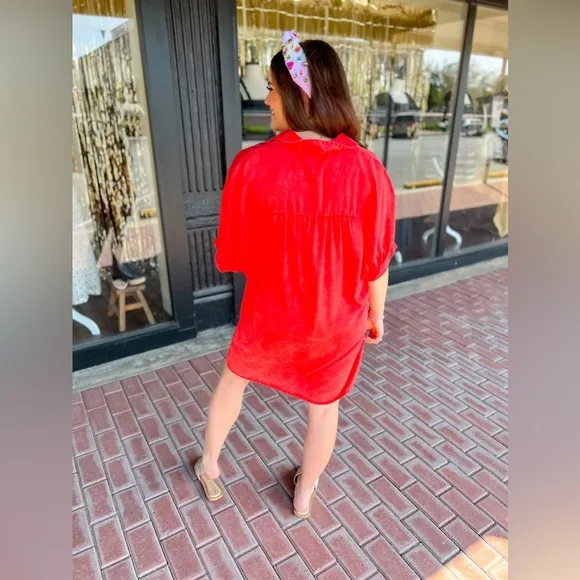 NWT Oversized Button Down Tencel Shirt Dress-Red - Medium