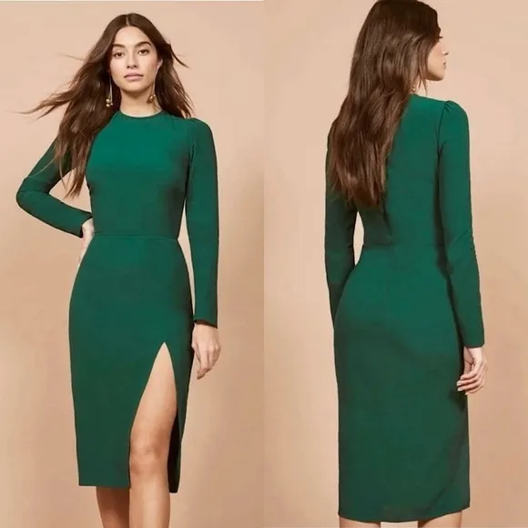 NWT REFORMATION Emerald Crepe Long Sleeve Puffed Shoulder Side Slit Midi Dress 4