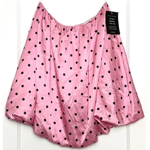 NWT RETROFETE Pink Polka Dot Satin Gathered Waist A-Line Bubble Circle Skirt XS