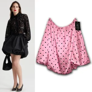 NWT RETROFETE Pink Polka Dot Satin Gathered Waist A-Line Bubble Circle Skirt XS