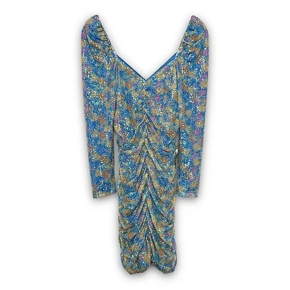 NWT SAYLOR Floral Sequin Puffed Shoulder Long Sleeve Ruched Bodycon Mini Dress M
