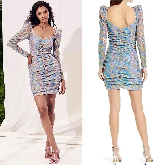 NWT SAYLOR Floral Sequin Puffed Shoulder Long Sleeve Ruched Bodycon Mini Dress M