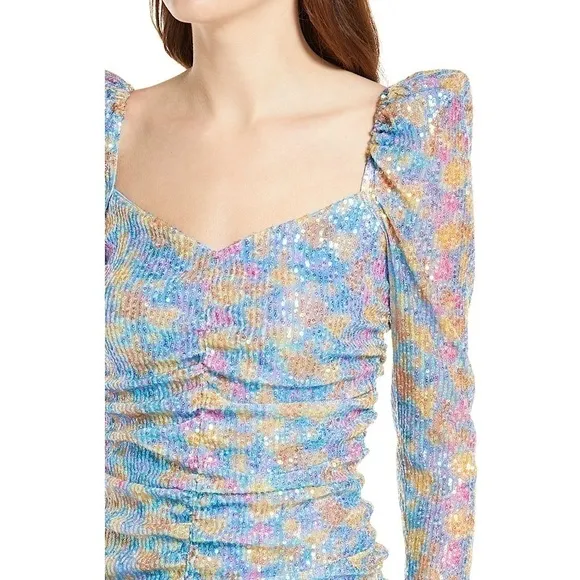 NWT SAYLOR Floral Sequin Puffed Shoulder Long Sleeve Ruched Bodycon Mini Dress M