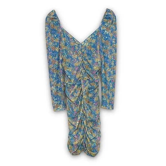 NWT SAYLOR Floral Sequin Puffed Shoulder Long Sleeve Ruched Bodycon Mini Dress M