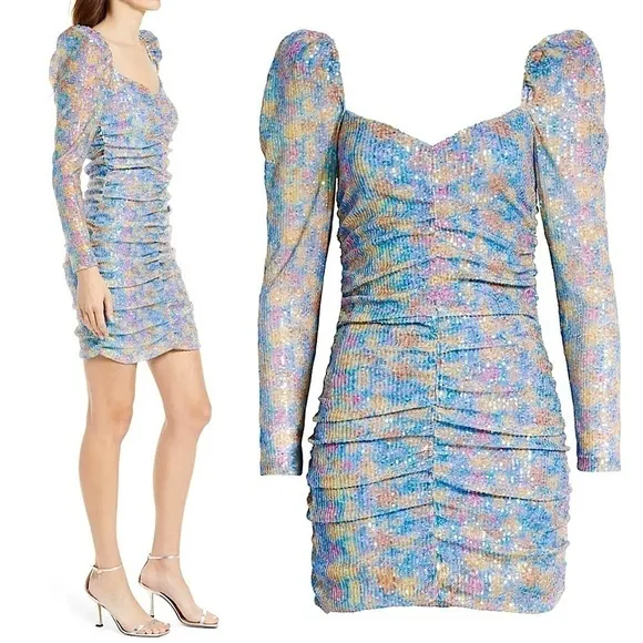 NWT SAYLOR Floral Sequin Puffed Shoulder Long Sleeve Ruched Bodycon Mini Dress M