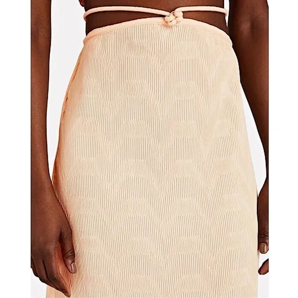 NWT SIMKHAI Peach Geo Plisse Pleated Cutout Waist Tie Ruffle Hem Midi Skirt 12
