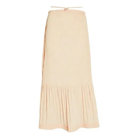 NWT SIMKHAI Peach Geo Plisse Pleated Cutout Waist Tie Ruffle Hem Midi Skirt 12