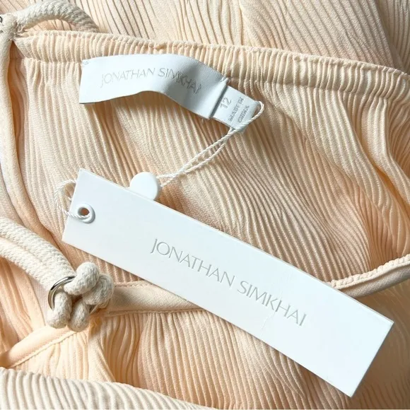 NWT SIMKHAI Peach Geo Plisse Pleated Cutout Waist Tie Ruffle Hem Midi Skirt 12