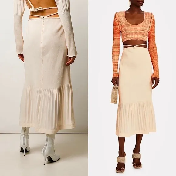 NWT SIMKHAI Peach Geo Plisse Pleated Cutout Waist Tie Ruffle Hem Midi Skirt 12