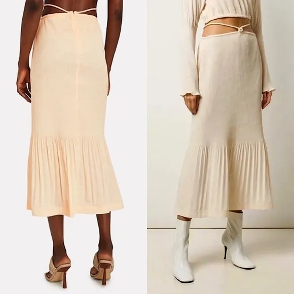 NWT SIMKHAI Peach Geo Plisse Pleated Cutout Waist Tie Ruffle Hem Midi Skirt 12