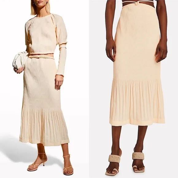 NWT SIMKHAI Peach Geo Plisse Pleated Cutout Waist Tie Ruffle Hem Midi Skirt 12