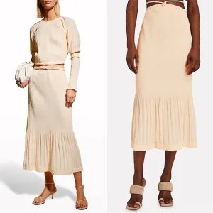 NWT SIMKHAI Peach Geo Plisse Pleated Cutout Waist Tie Ruffle Hem Midi Skirt 12