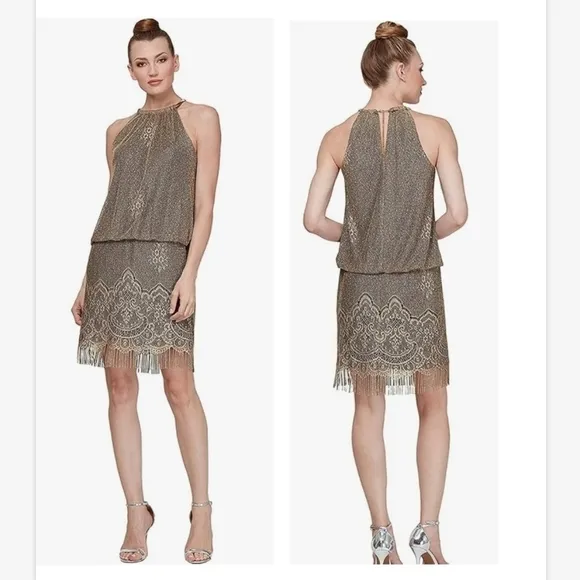 NWT S.L. Fashions Women's Blouson Halter Crochet Fringe Hem Short Dress SZ 8P