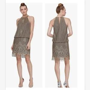 NWT S.L. Fashions Women's Blouson Halter Crochet Fringe Hem Short Dress SZ 8P