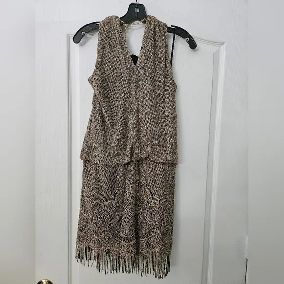 NWT S.L. Fashions Women's Blouson Halter Crochet Fringe Hem Short Dress SZ 8P