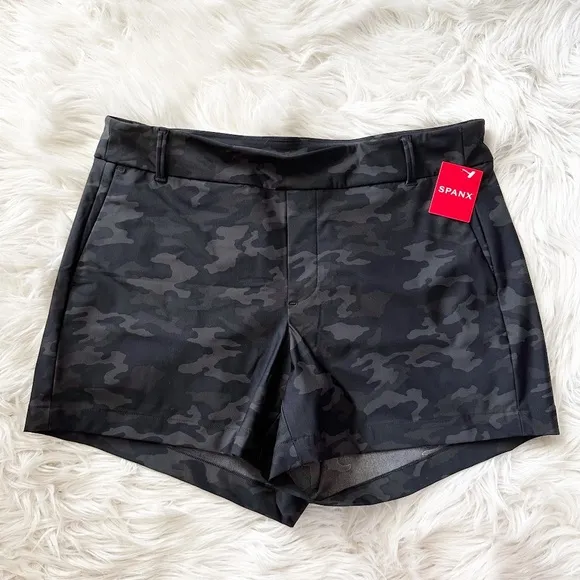 NWT SPANX Sunshine Shorts 4&quot; InsPull On 4-Way Stretch Pockets L in Black Camo