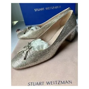 NWT STUART WEITZMAN Womens Gold Gabby Toe Block Heel Slip On Pumps Shoes 10