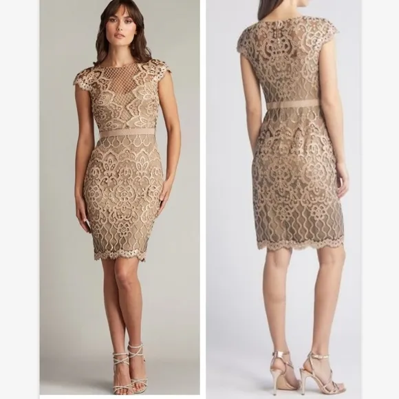NWT Tadashi Shoji Women's Natural Sequin Lace Body-Con Cocktail Dress SZ4