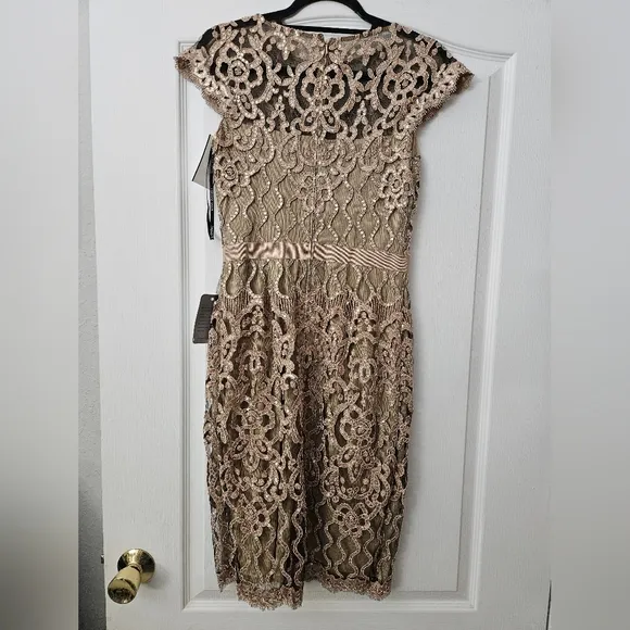 NWT Tadashi Shoji Women's Natural Sequin Lace Body-Con Cocktail Dress SZ4