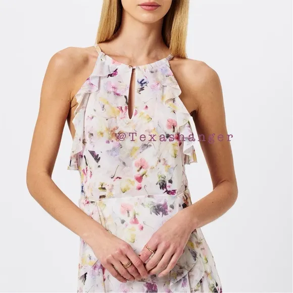 NWT Ted Baker Lauriin Halterneck Ruffle Midi DressSize 4 White/Multi