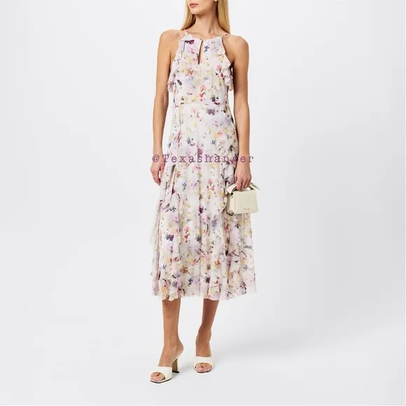 NWT Ted Baker Lauriin Halterneck Ruffle Midi DressSize 4 White/Multi