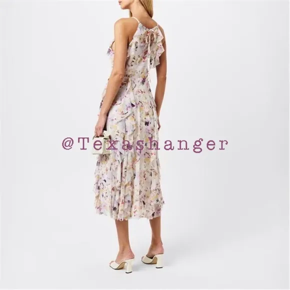 NWT Ted Baker Lauriin Halterneck Ruffle Midi DressSize 4 White/Multi